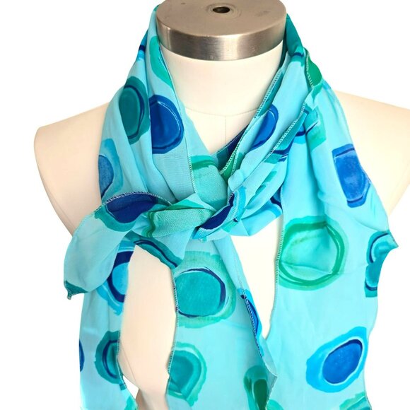 Blue Green Scarf Colorful Polka Dot Multi End Tie Scalloped Edges JJ3796 - Picture 2 of 6